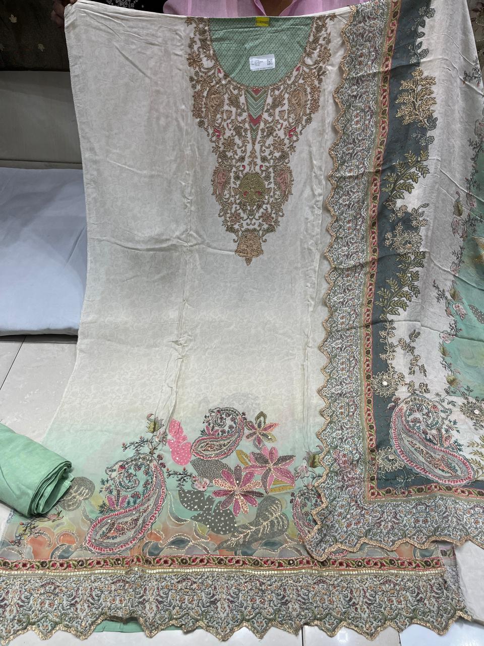 Pure Crepe Zari Embroidered Suits