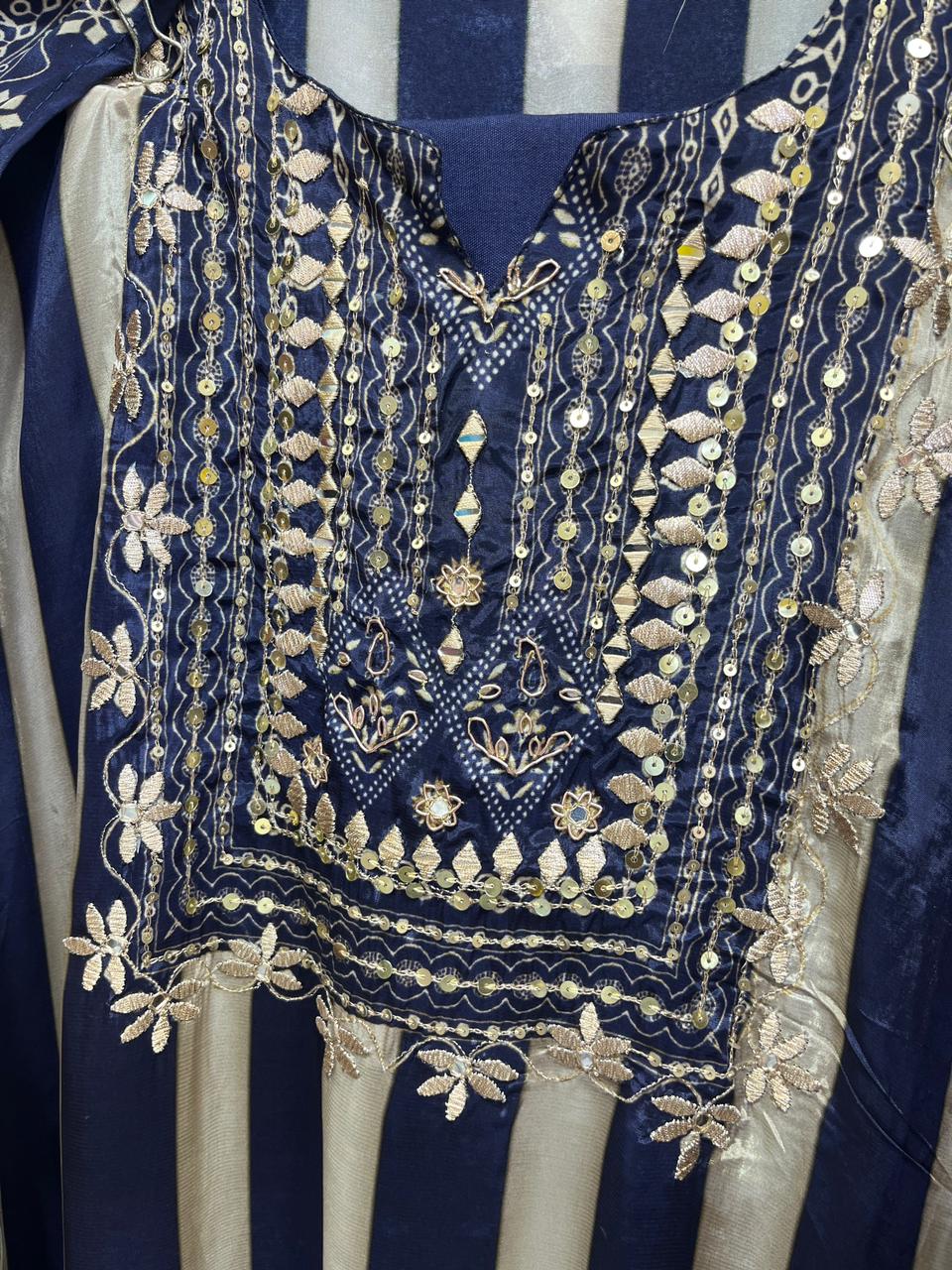 Pure Crepe Designer Floral Print with Zardozi  Neckline