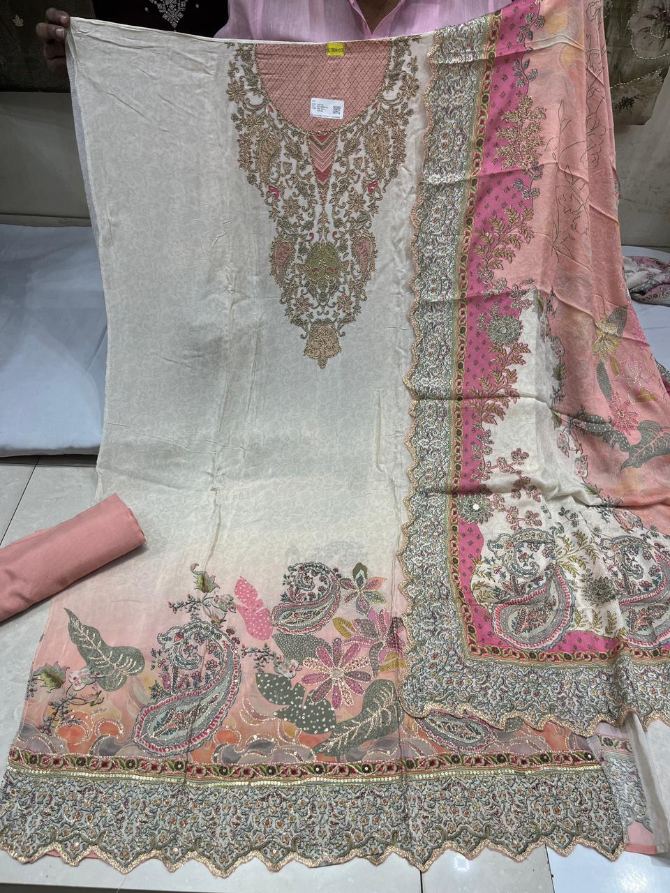 Pure Crepe Zari Embroidered Suits