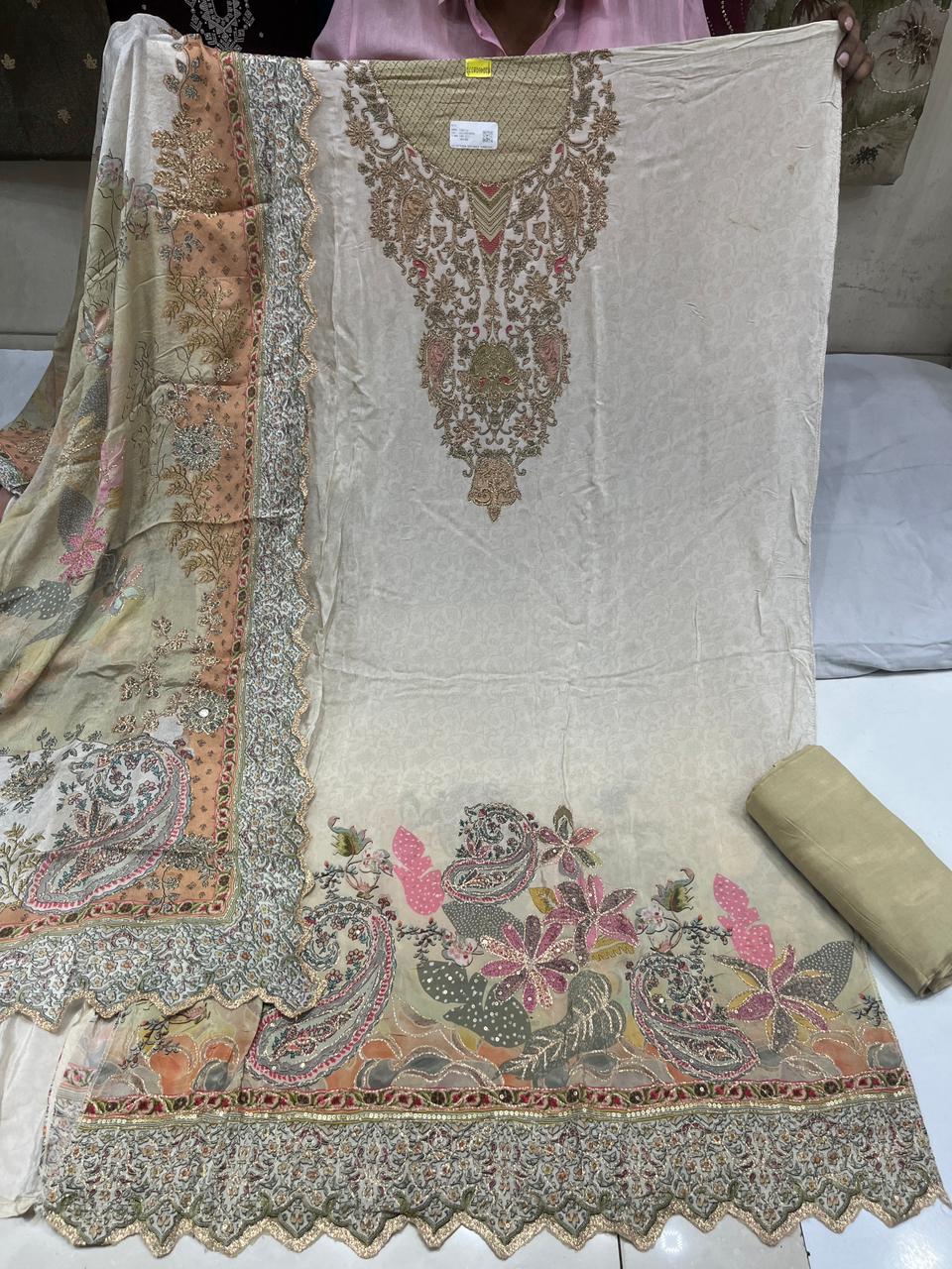 Pure Crepe Zari Embroidered Suits