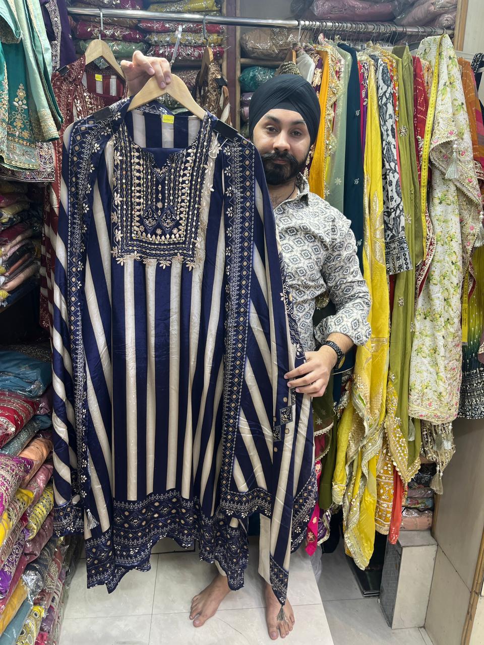 Pure Crepe Designer Floral Print with Zardozi  Neckline