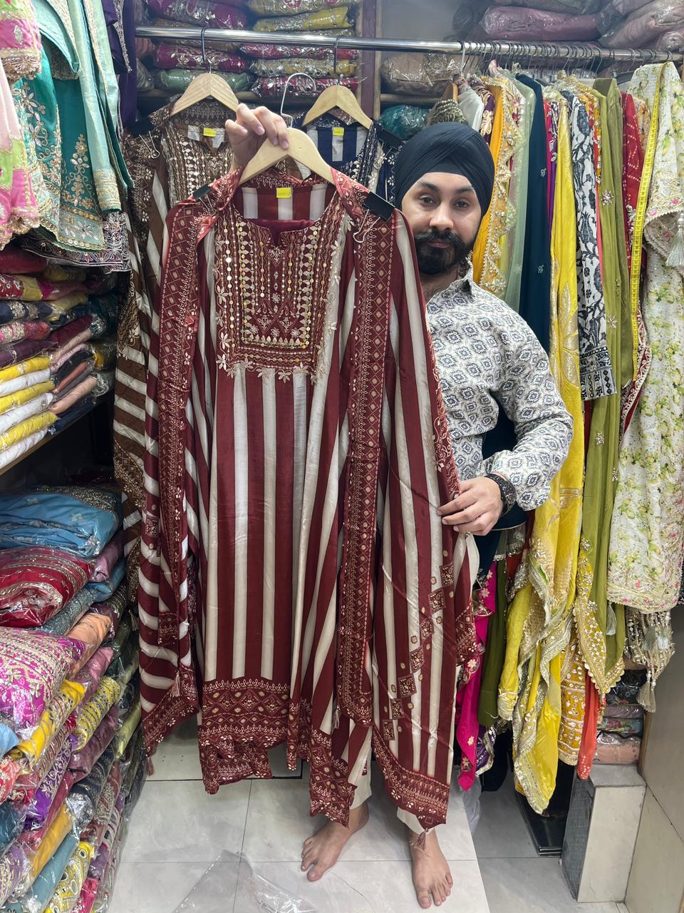 Pure Crepe Designer Floral Print with Zardozi  Neckline